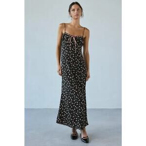 Urban Outfitters Kiss The Sky Black Floral Slit Bustier Cami Midi Slip Dress XS